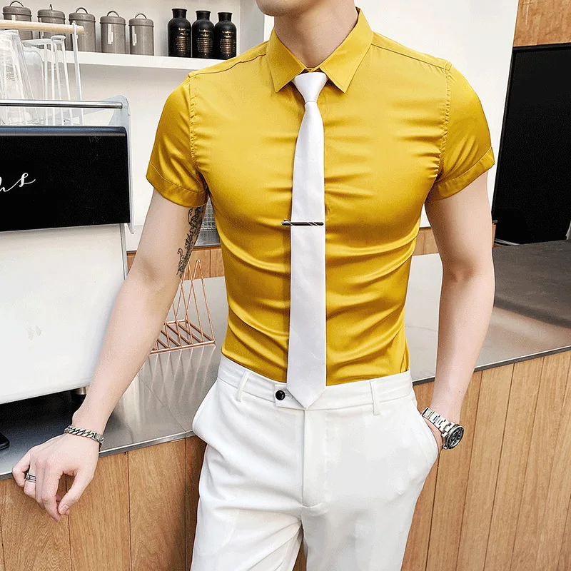 Summer Camicia Uomo 2020 Enlarged Men's Silk Golden Yellow Bright Slim Short Sleeve Man Shirts High Quality Camisetas Masculina