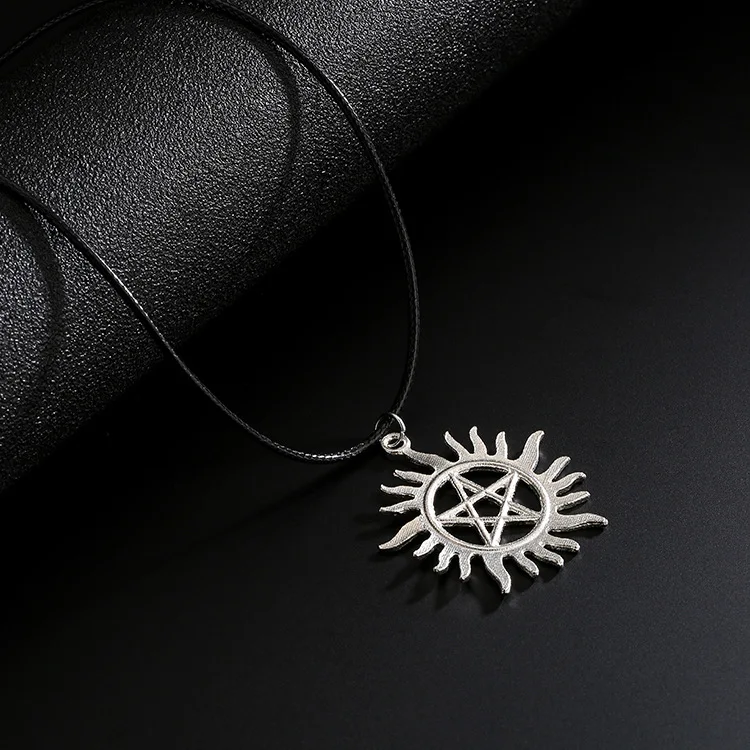 Movie Jewelry Wholesale Supernatural Necklace Dean Sam Winchester Pentagram Pentacle Sun Star Logo Silver Color Pendant