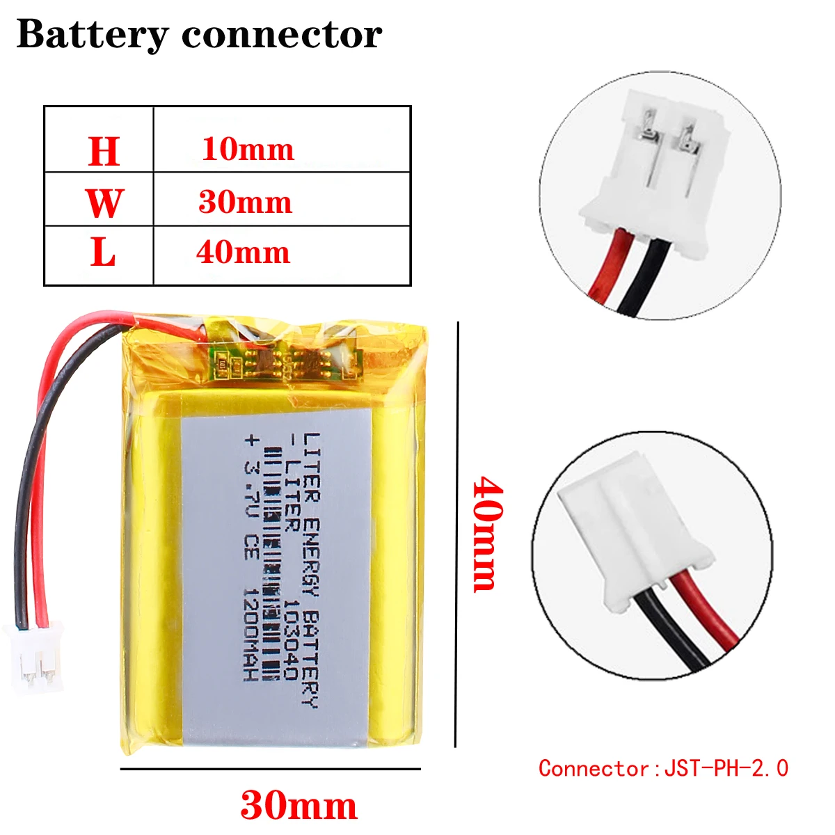 JST XHR 2.0mm 2pin 3.7V 1200MAH 103040 Lithium Polymer LiPo Rechargeable Battery For Mp3 headphone PAD DVD bluetooth camera