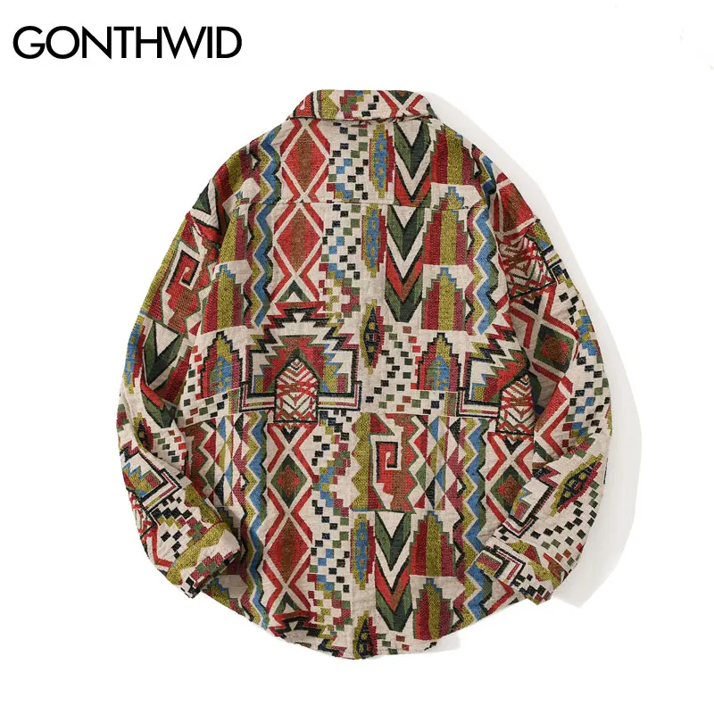 GONTHWID National Style Knitted Geometric Patterns Color Block Button Shirts Harajuku Casual Long Sleeve Tees Tops Streetwear