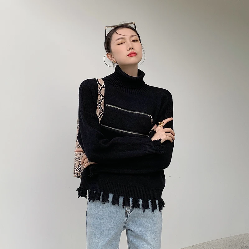 CHEERART Turtleneck Sweaters For Women Fashion Pullovers Fall 2021 Black Fringe Roll Neck Knit Sweater Knitwear Desinger Clothes