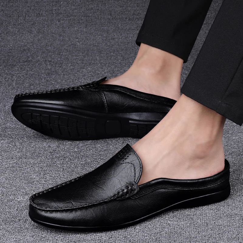 Luxury Designer Mules Men\'s Slippers Genuine Leather Loafers Men Moccasins Summer Man Casual Shoes Fashion Half Shoes For Men