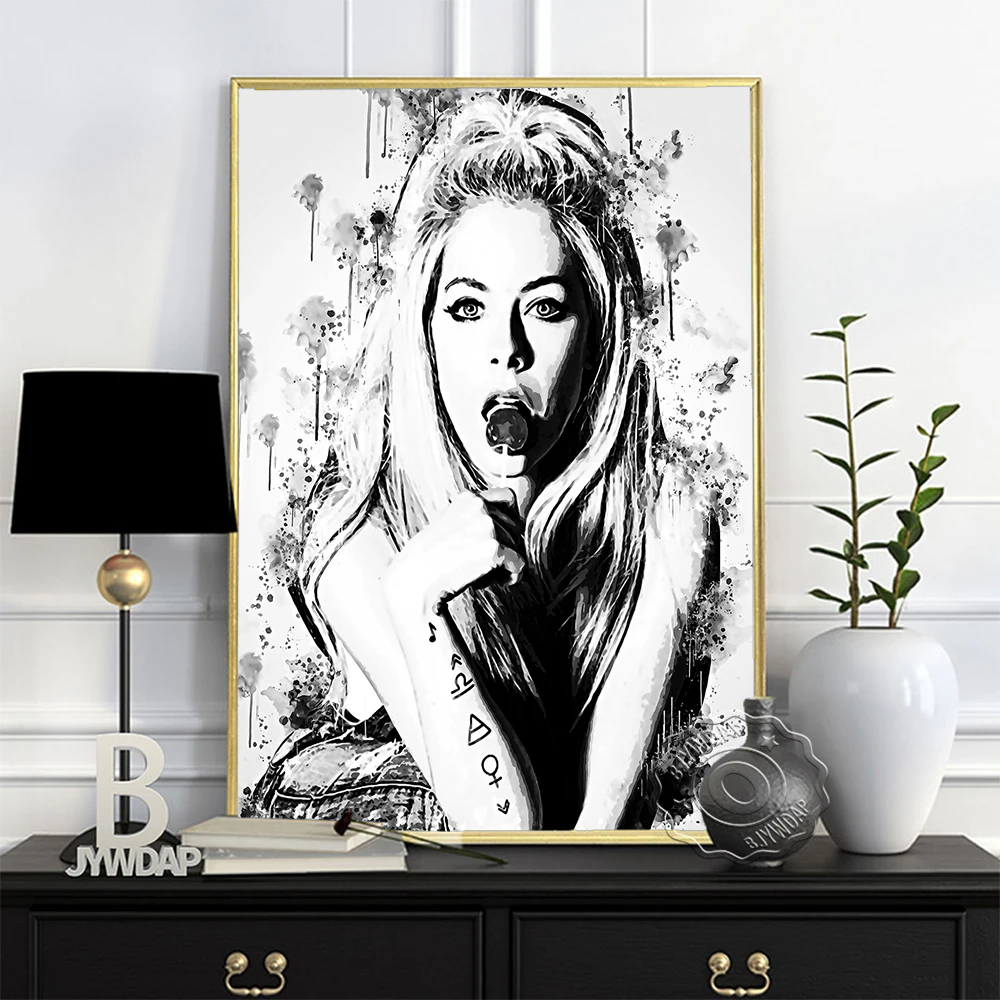 Avril Lavigne Watercolor Black White Poster, Long Hair Elegant Goddess Everyday Sketch Art Prints, Singer Portrait Wall Decor