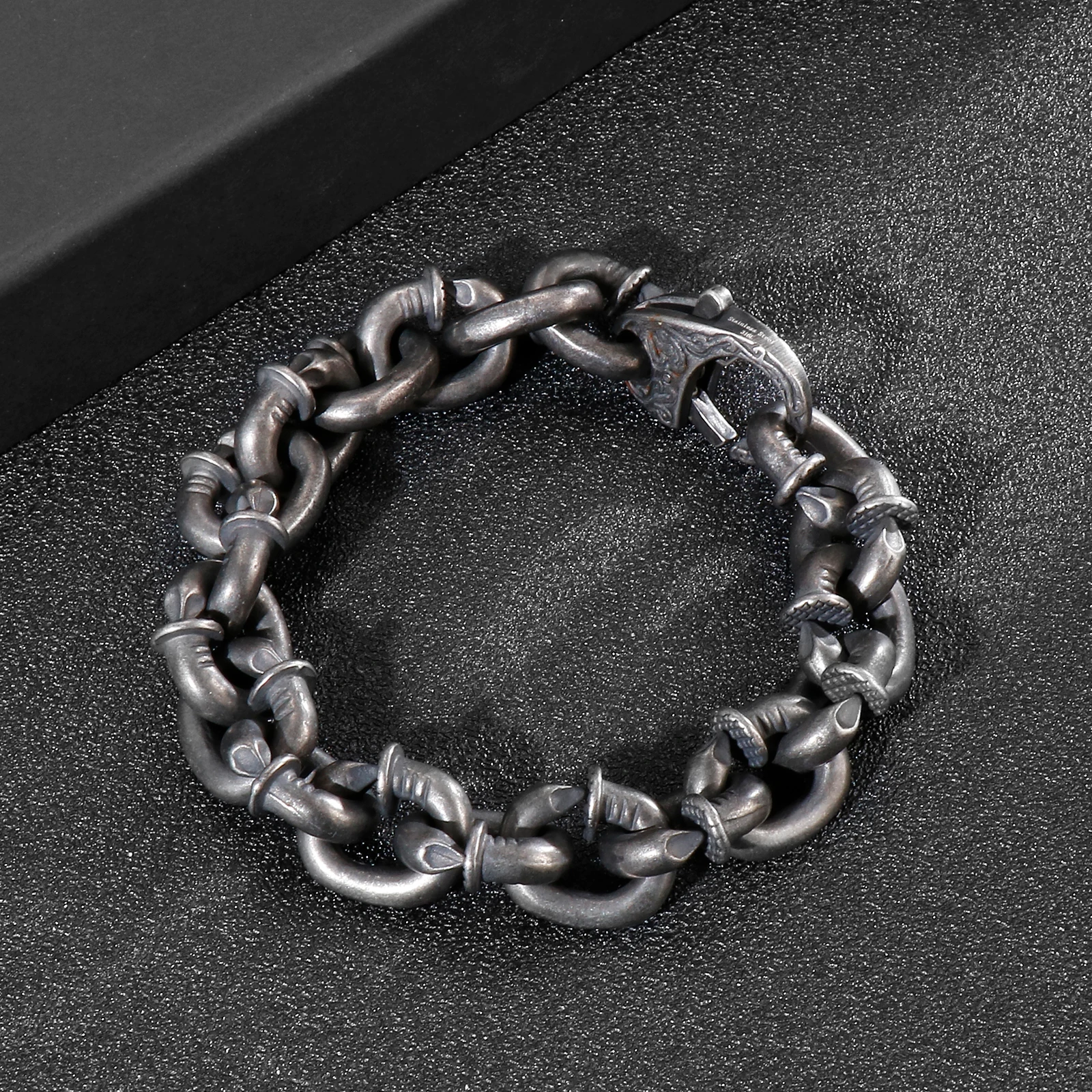 HaoYi Vintage Stainless Steel Link Chain Bracelet For Men Fashion Oxidized Black Punk Cuff Jewelry Gift