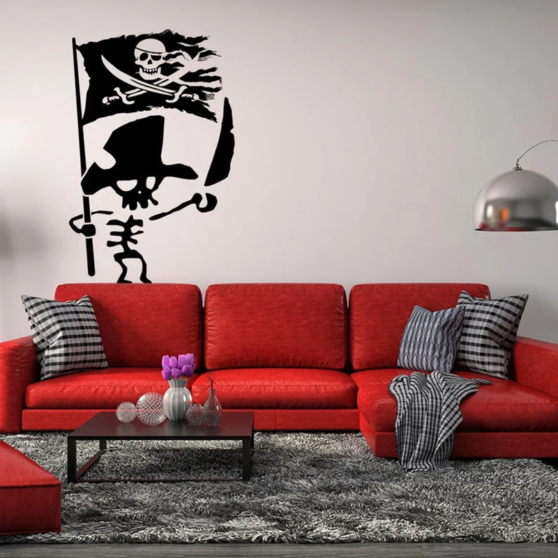 Pirate Skeleton with Torn Jolly Roger Flag Vinyl Wall Decal for nursery playroom kid's room living room Decoration sticker Y50