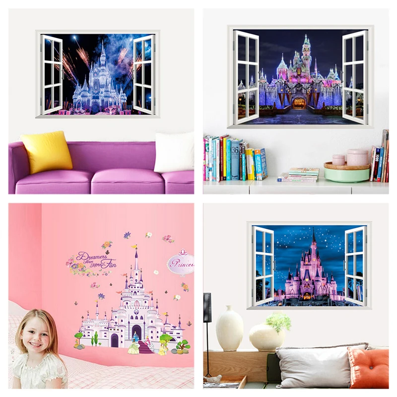 

Fantastic Castle Wall Stickers For Kids Bedroom Home Decoration 3d Fake Window Night Scenery Wall Mural Art Diy Girls Decals