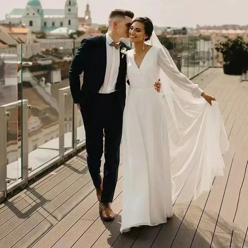 Nieuwe Stijl V-hals Chiffon Trouwjurken Свадебное Платье Lange Mouwen Robe De Soiree De Mariage Vestido De Noiva Bruid Jurk