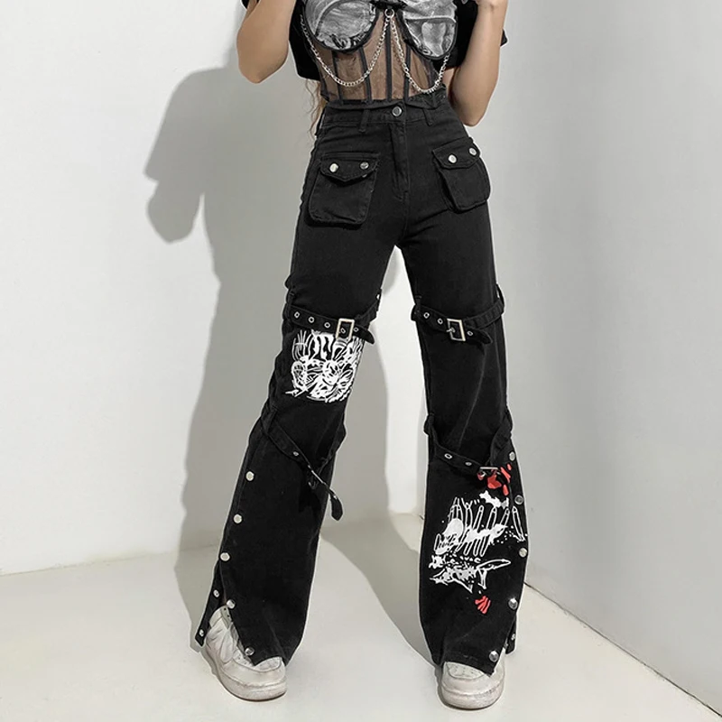 Trendy Punk Gothic Graffiti Cargo Jeans Women Wide Leg Straight Pants Snap Button Harajuku Denim Trousers Side Slit Hipsters