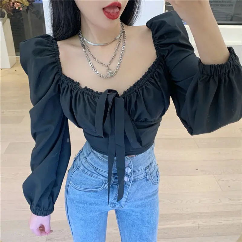 Blouses Women Long Sleeve Sexy Elegant Square Collar Slim Cropped Tops Streetwear Harajuku Korean Hip Hop Sweet Bow Pink Girls