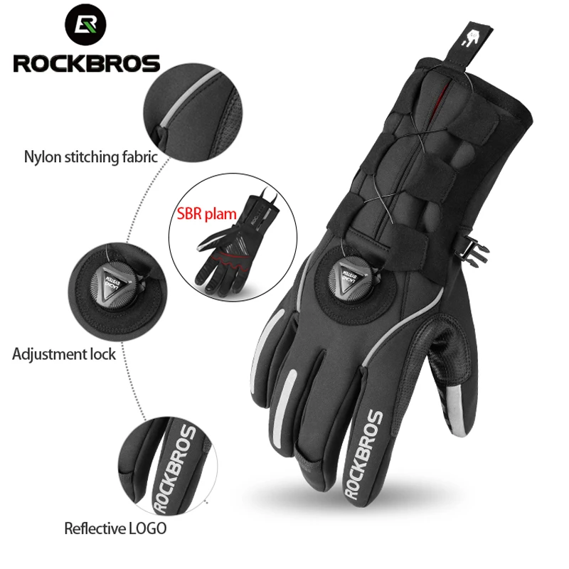 ROCKBROS MTB Winter Gloves For Bicycle Touch Screen Adjustable Winter Warm Fleece Gloves Bike Windproof Ski Sport Mens Gloves