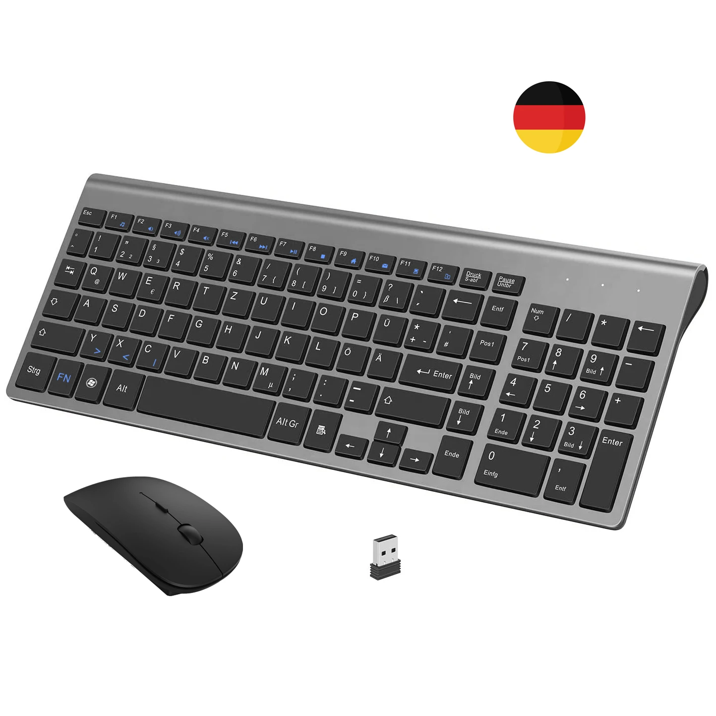 

German Wireless QWERTZ Keyboard and Mouse Combo Ultra Slim 2.4G Silent Compact Scissor Key Keyboard Set for PC Laptop tv box