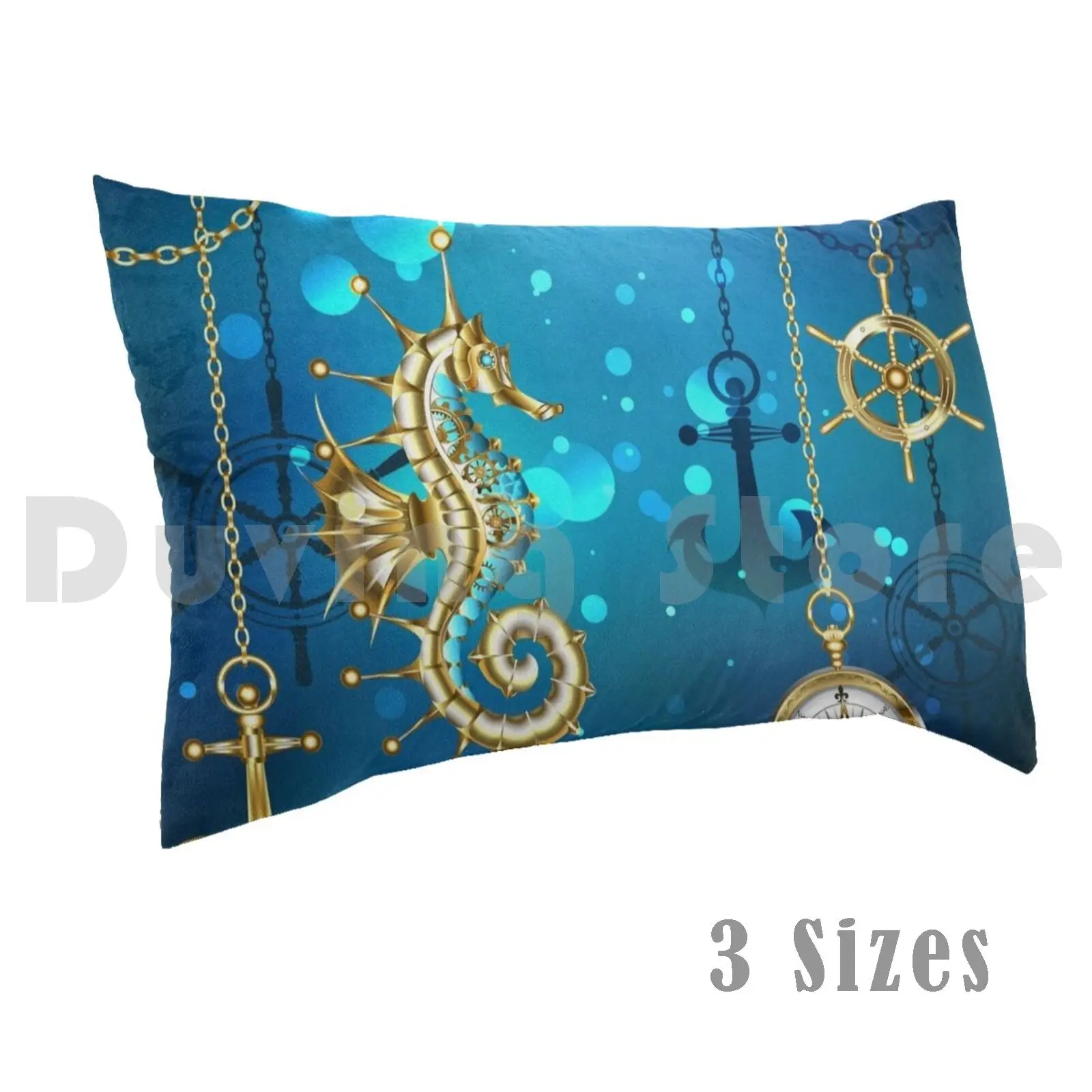 Submerged Mechanical Seahorse Pillow Case Printed 50x75 Seahorse Anchor Fish Clockwork Mechanism Compass