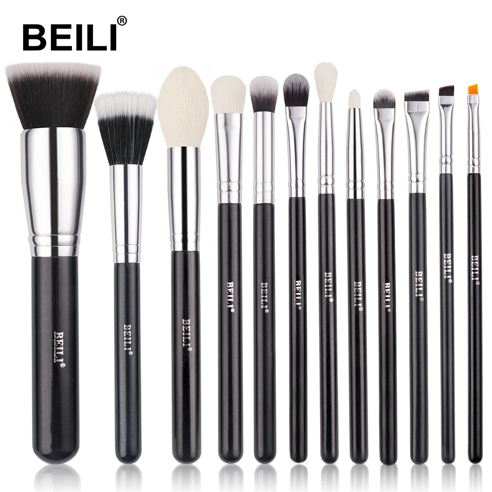 BEILI Black 12pcs  Makeup Brushes   Goat Hair Eye shadow Concealer Foundation Makeup Brush Set Nano Fiber Blush Make up Tools