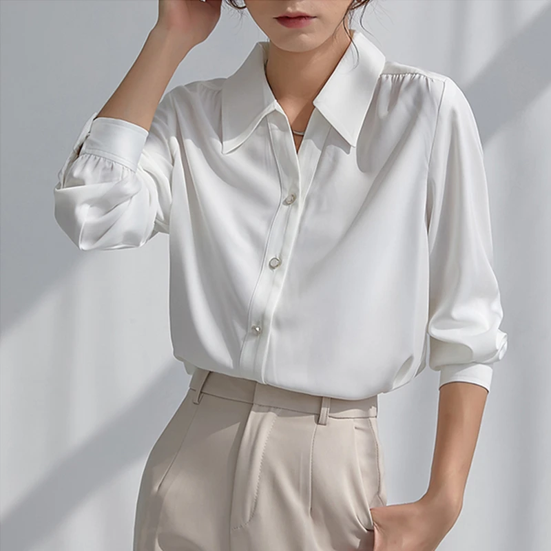 Seoulish Elegant Satin OL Style Women's Blouse 2021 New Spring Autumn Single Breasted Turn-down Collar Office Shirts Female