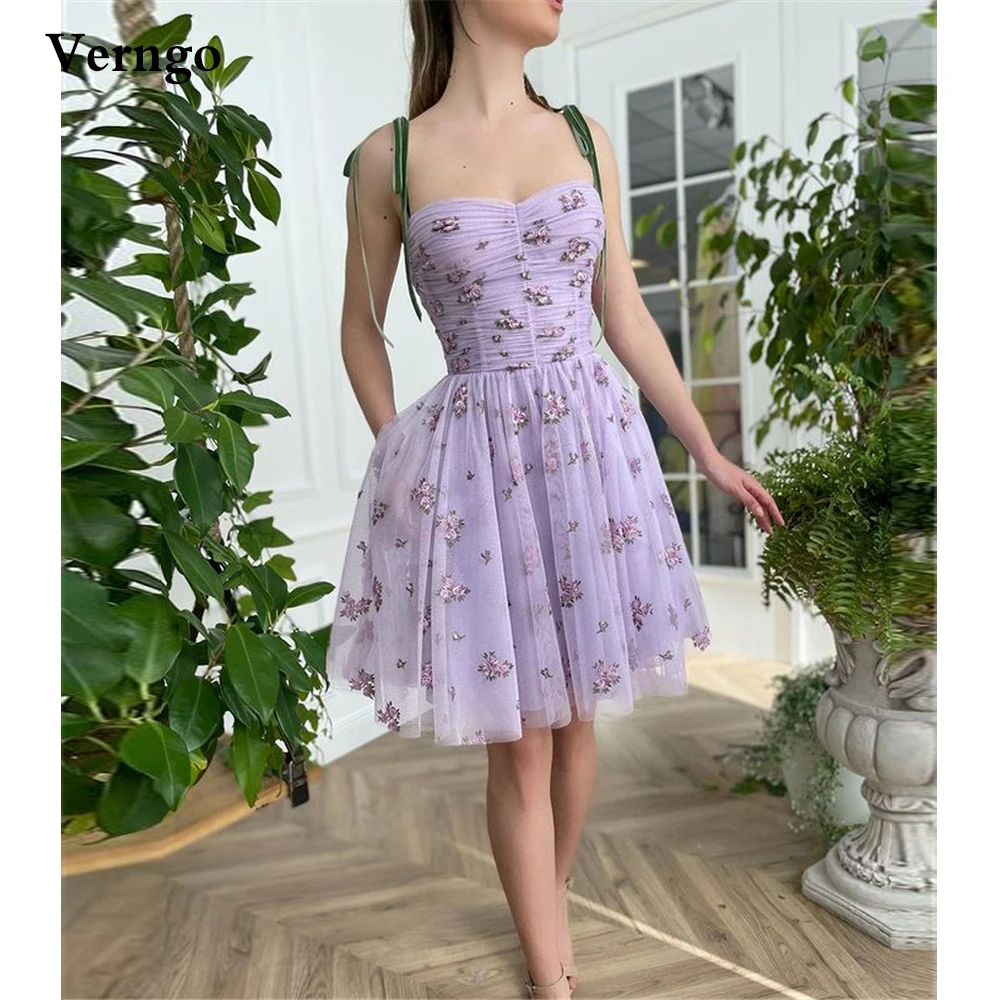 Verngo 2021 Lavendel Tulle Print Bloemen Prom Dresses Korte Spaghettibandjes Sweetheart Pleats Formele Partij Jassen Custom Made