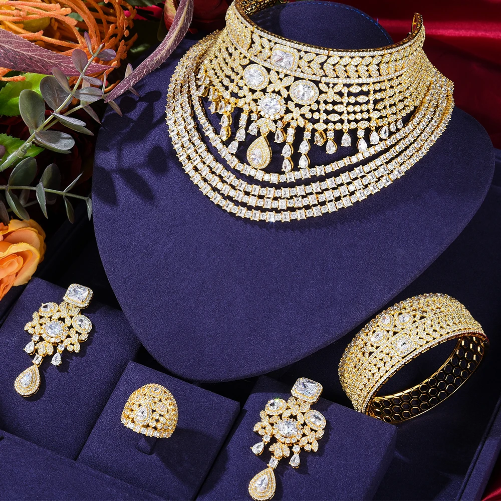 Siscathy Indian Arab Bride Wedding Engagement Party Jewelry Set For Women Luxury Necklace Earrings Bracelet Collar Accessories