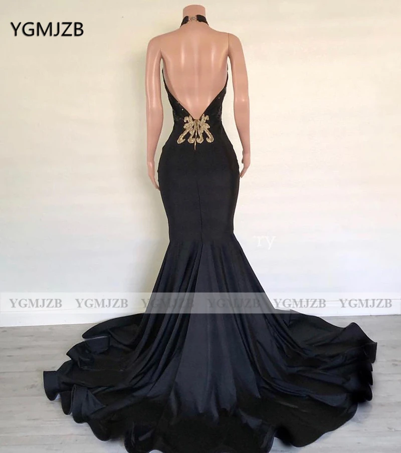 Bakcless Mermaid Black Prom Dress 2020 Gouden Kant Halter Mouwloze Sexy Vrouwen Formele Prom Gown Party Dress Avondjurken