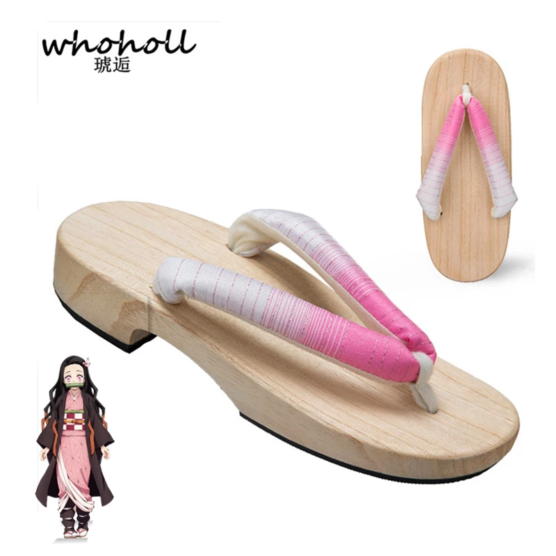 WHOHOLL Anime Demon Slayer ชุดคอสเพลย์ Kamado Nezuko Geta ญี่ปุ่นไม้สำหรับผู้หญิง Kimono Flip-Flops รองเท้า