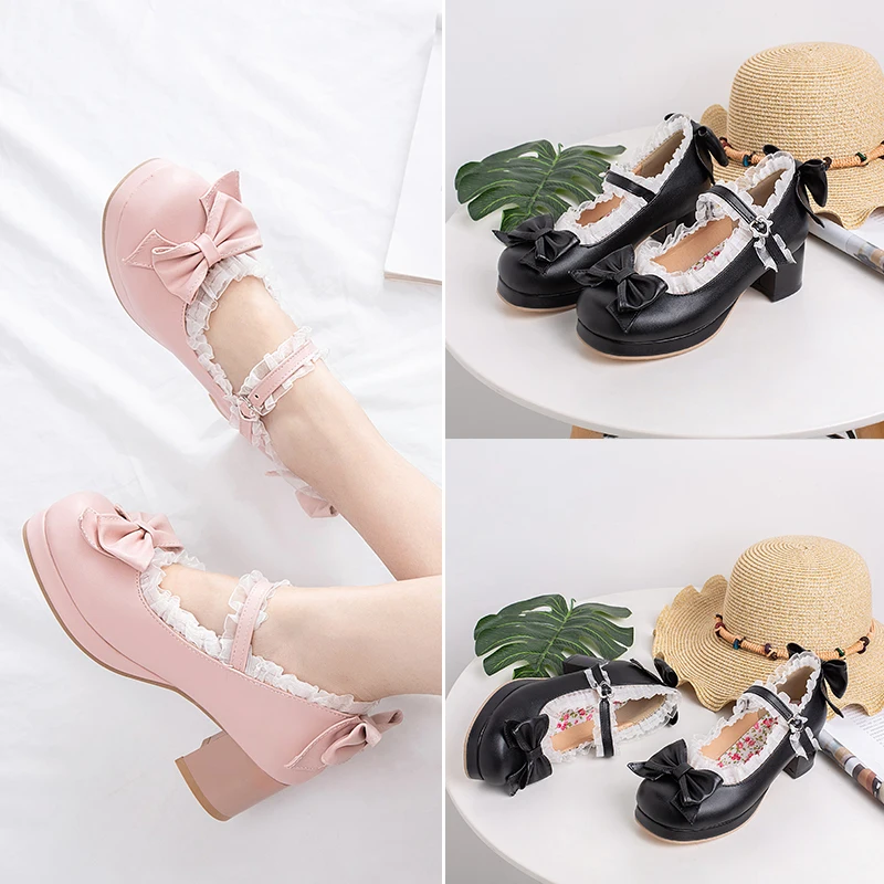 Zapatos de boda de novia de encaje con lazo y volantes de Lolita para niñas, vestido de princesa con borde de tacón alto para hombres, rosa, de