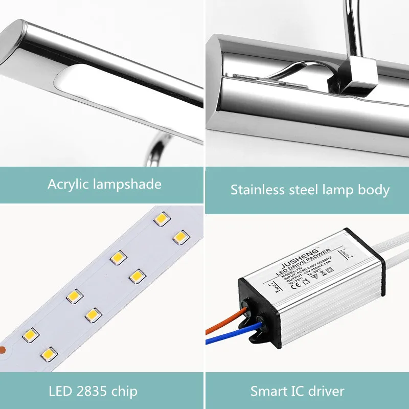 Luz led espelhada frontal para banheiro, lâmpada minimalista para o espelho do armário, em aço inoxidável