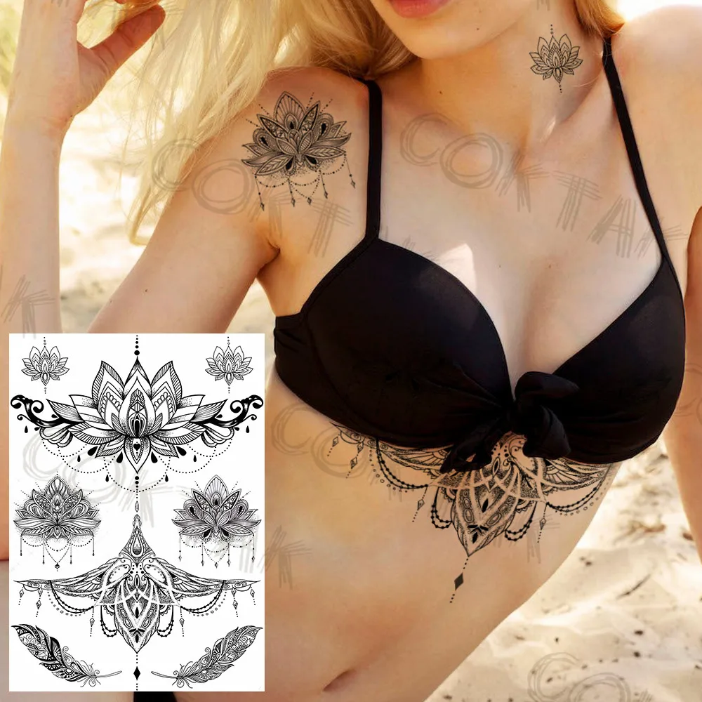 Sexy Black Henna Temporary Tattoos For Women Girls Body Art Decoration Fake Jewelry Chains Waterproof Mandala Flower Tatoos Kit