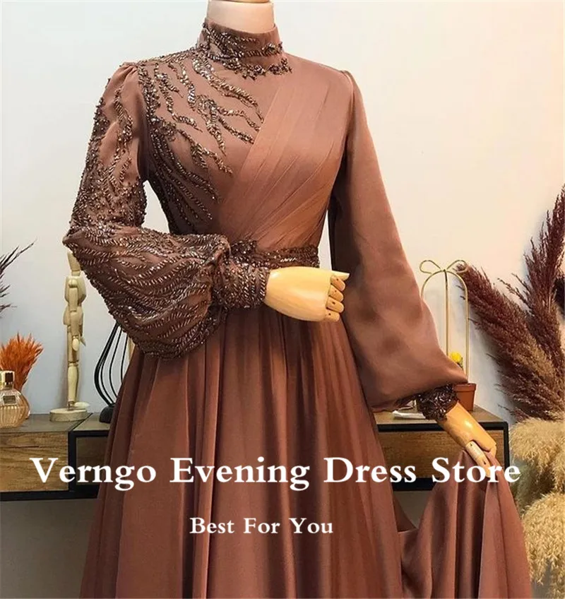 Verngo Modest Kaffee Silk Chiffon Puff Long Sleeves Arabisch Prom Kleider High Neck Spitze Perlen EINE Linie Frauen Formale Abend kleider