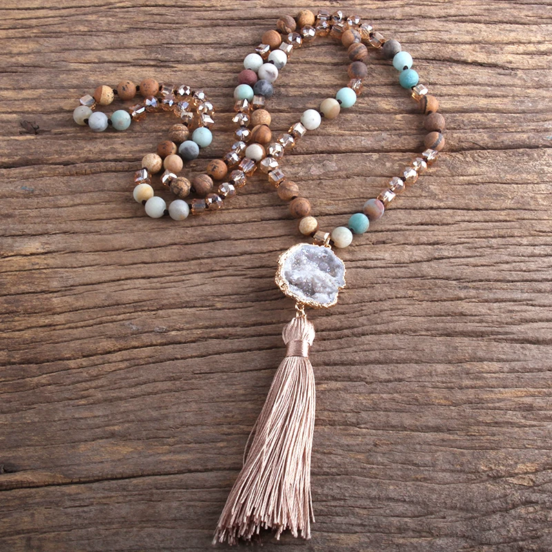 Fashion Boho Jewelry Natural Stones Long Knotted Necklace Druzy Stone Charm Tassel Necklaces