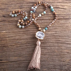 Fashion Boho Jewelry Natural Stones Long Knotted Necklace Druzy Stone Charm Tassel Necklaces