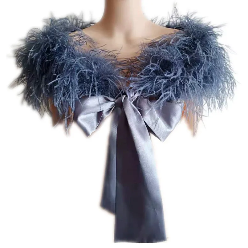 Real Ostrich Feather Cape Fluffy Warm Scarf Party Protect Shoulders Women Wedding Party Shawls with Ribbon