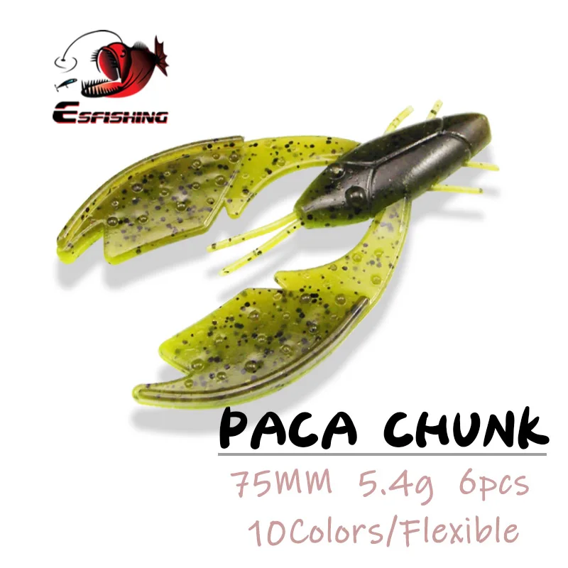 ESFISHING Fishing Soft Lure PACA Chunk Craw 75mm 5.4g 6pcs Bass Plastics Baits official-website