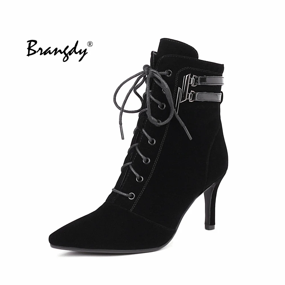 

Brangdy 10cm High Thin Heel Ankle Boots Women Flock Sexy Ladies Pointed Toe Shoes 2021 New Autumn Lace Up Black Fashion shoes