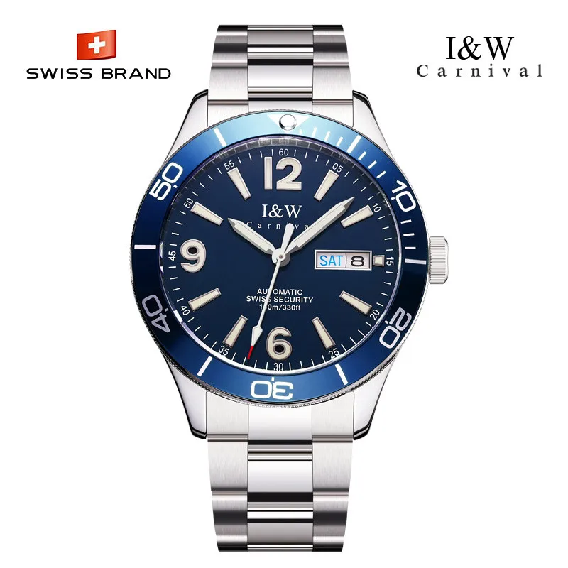 Luxury Brand I&W Carnival Japan MIYOTA Automatic Mechanical Men's Watches 100M Waterproof Sapphire Luminous Auto Date Clock 533G