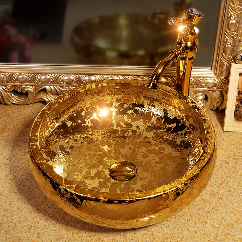 

Luxury Hand-made Ceramic Gold Glazed Porcelain Art Bathroom Wash Sink