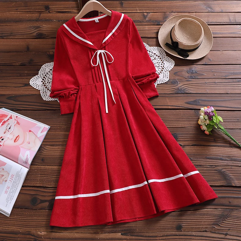 

Mori girl long sleeve vintage corduroy vestidos Japan style new arrival autumn fashion bow cute sweet dress