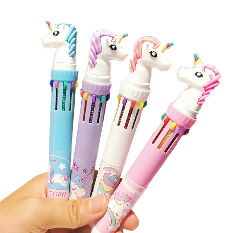 

2pc Cute Ten-Color Ballpoint Pen Creative Kawaii Unicorn Cartoon Multi-Function Ten-Color Press Colorful Painting Pen Stationery
