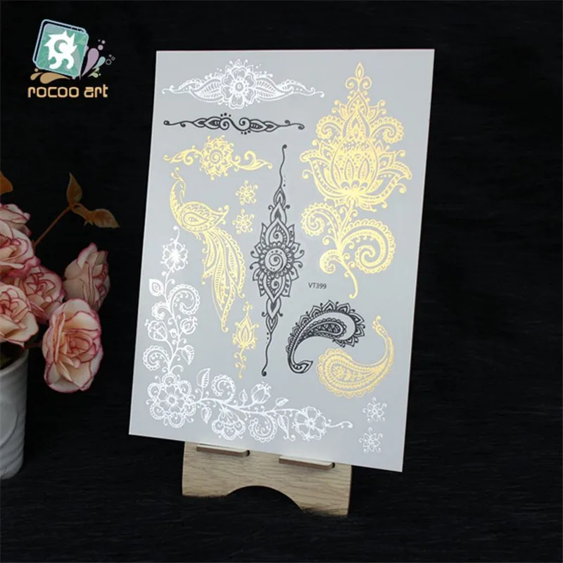 

VT399/Hot Flash Metallic Waterproof Temporary Tattoo Art Sticker Gold Silver Tatoo Women Henna Flower Wing Design Tattoo Sticker