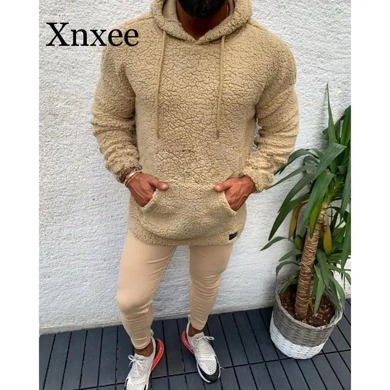 Beige Winter Hooded  Sweater Short Big Pocket Teddy Fleece Fluffy Pullovers Men's  Warm Fleece Tops Streetwear
