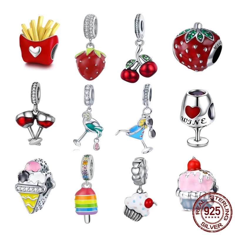 

WOSTU 925 Sterling Silver Cherry Strawberry Charm Drink Ice Cream Bead Pendant Fit Original Bracelet Necklace DIY Jewelry Gift