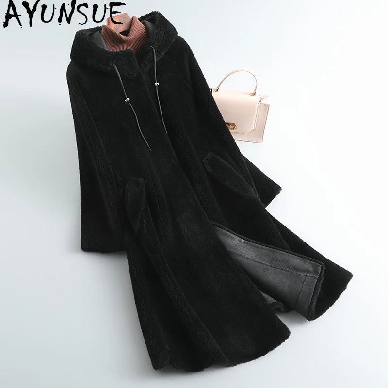 

AYUNSUE Real Fur Caot for Women Winter 100% Sheep Shearing Jacket Famale Long Korean Wool Jackets Hooded Winterjas Dames Sqq1204