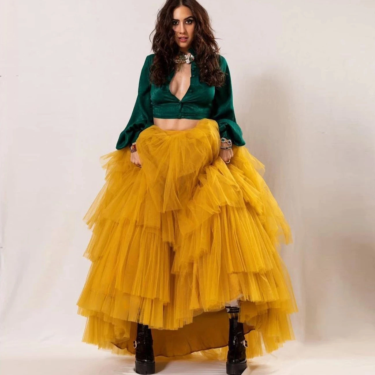 

Fashion Street Long Women Skirt Custom Made Puffy Tulle Maxi Skirts Ginger Tiered Ruffled Photo Shoot Skirt Prom Party Gowns