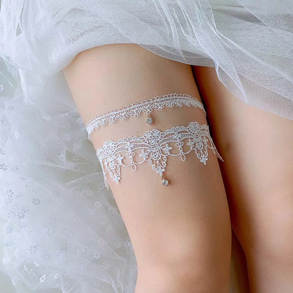 Sexy Rhinstones Bridal Garters Black Lace Beaded Wedding Bride Thigh Rings Leg Ring Loops For Women/Female Mariage Garter