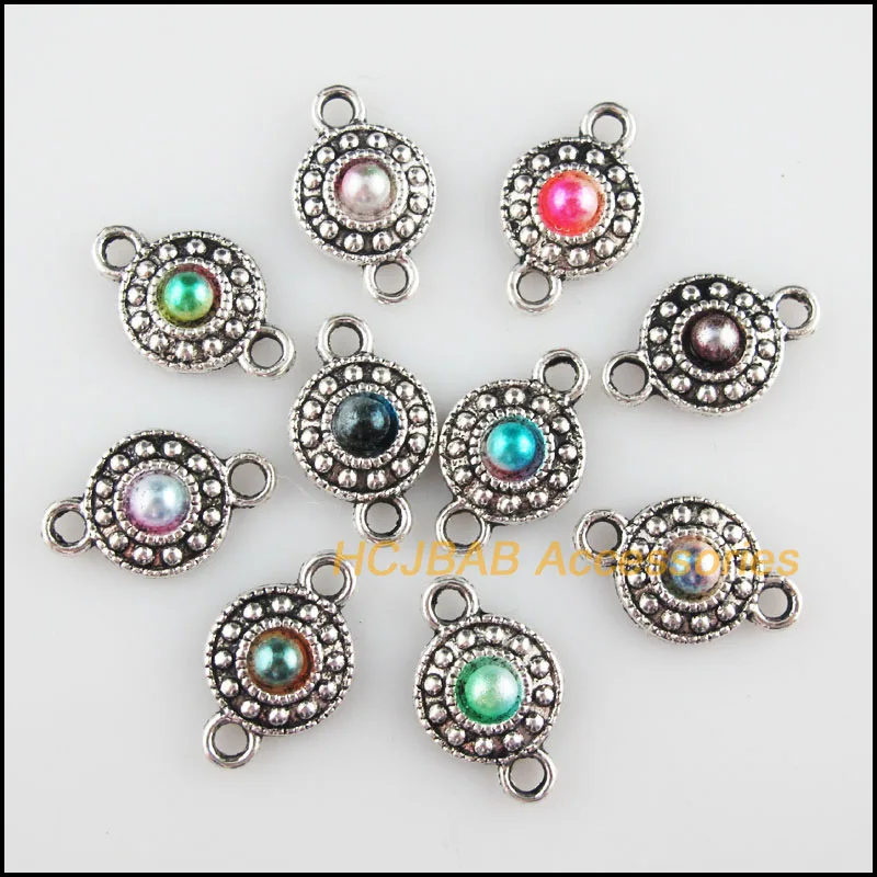 30Pcs Tibetan Silver Tone Flower Mixed Acrylic Round Charms Connectors 11x18mm