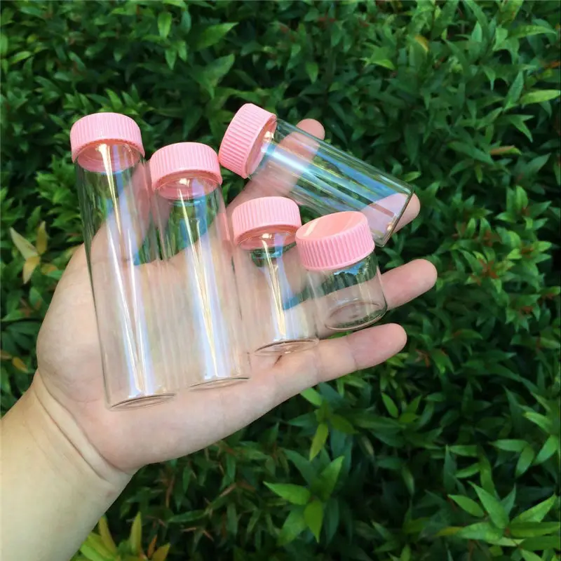 

15ml 25ml 40ml 50ml 60ml Hyaline Glass Jars Pink Plastic Lid Clear Vitreous Bottle Refillable Perfume Vials 50Pcs Gifts Crafts