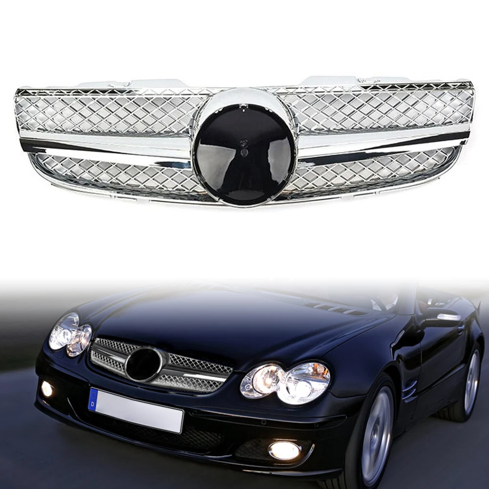 Car Front Grille 1 Fin Upper Mesh Grill For Mercedes-Benz SL-Class R230 SL550 SL500 S600 2007 2008 2009 Chrome ABS Plastic