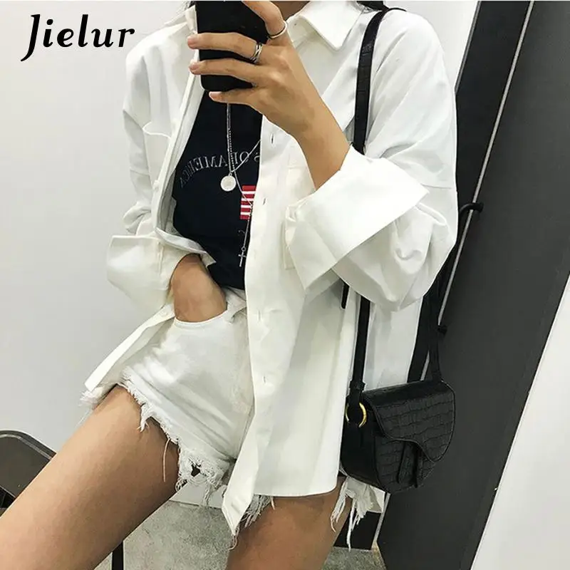 Jielur New Women Solid Corduroy Batwing Sleeve Vintage Blouse Turn-Down Collar Loose Top Button Up Blue Shirt Feminina Blusa