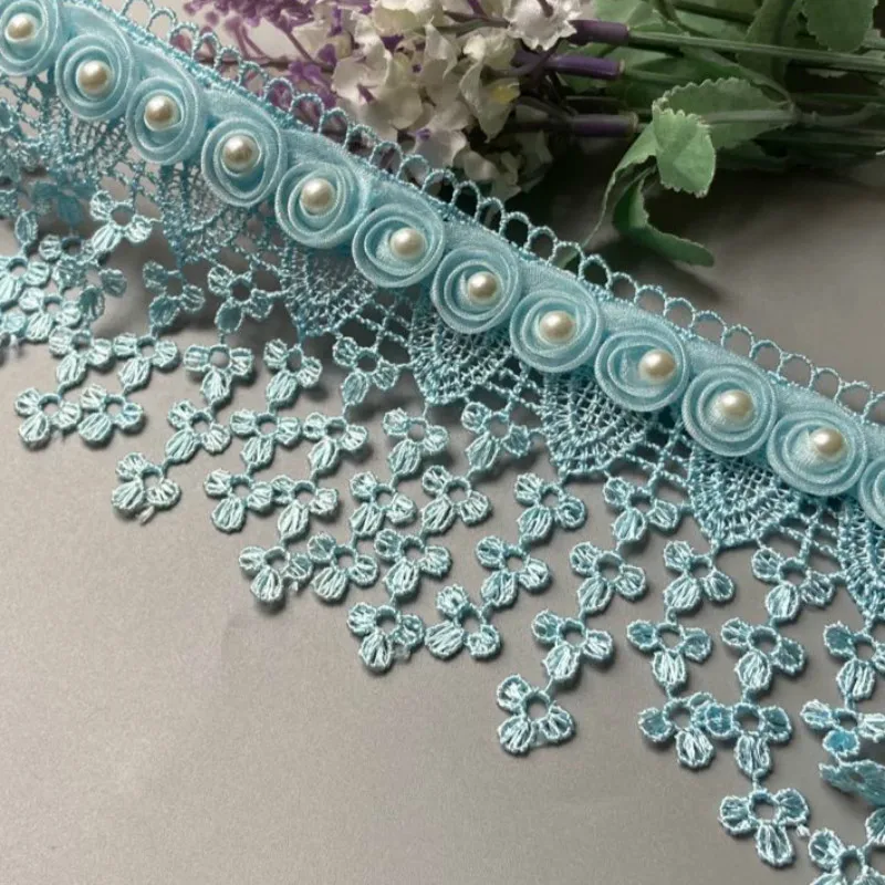 3 Yard Blue Pearl Tassel Plum Flowers Pearl Lace Trimmings Ribbons Beaded Lace Fabric Embroidered Sewing Wedding Dress DIY 8cm