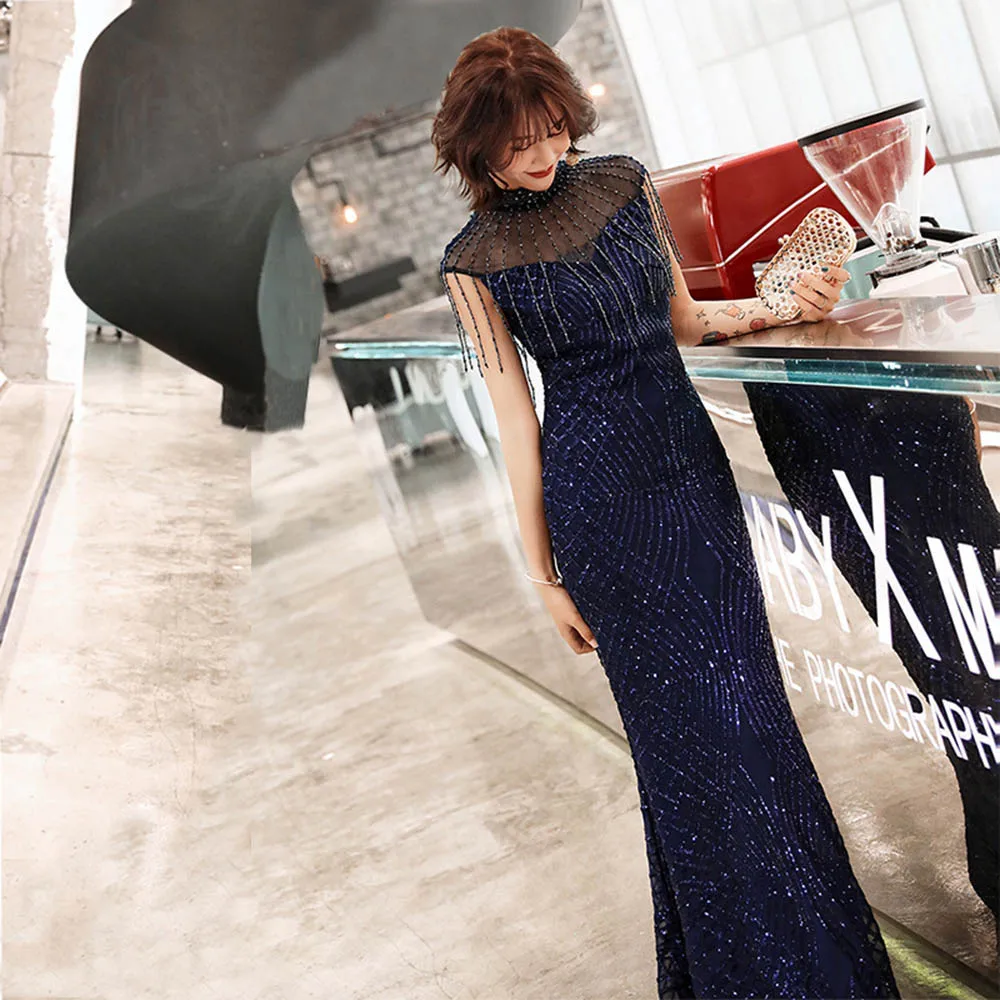 HS Kellio Prom Dresses navy blue Sequined Lace Evening Celebrity Dress Mermaid Party Gown