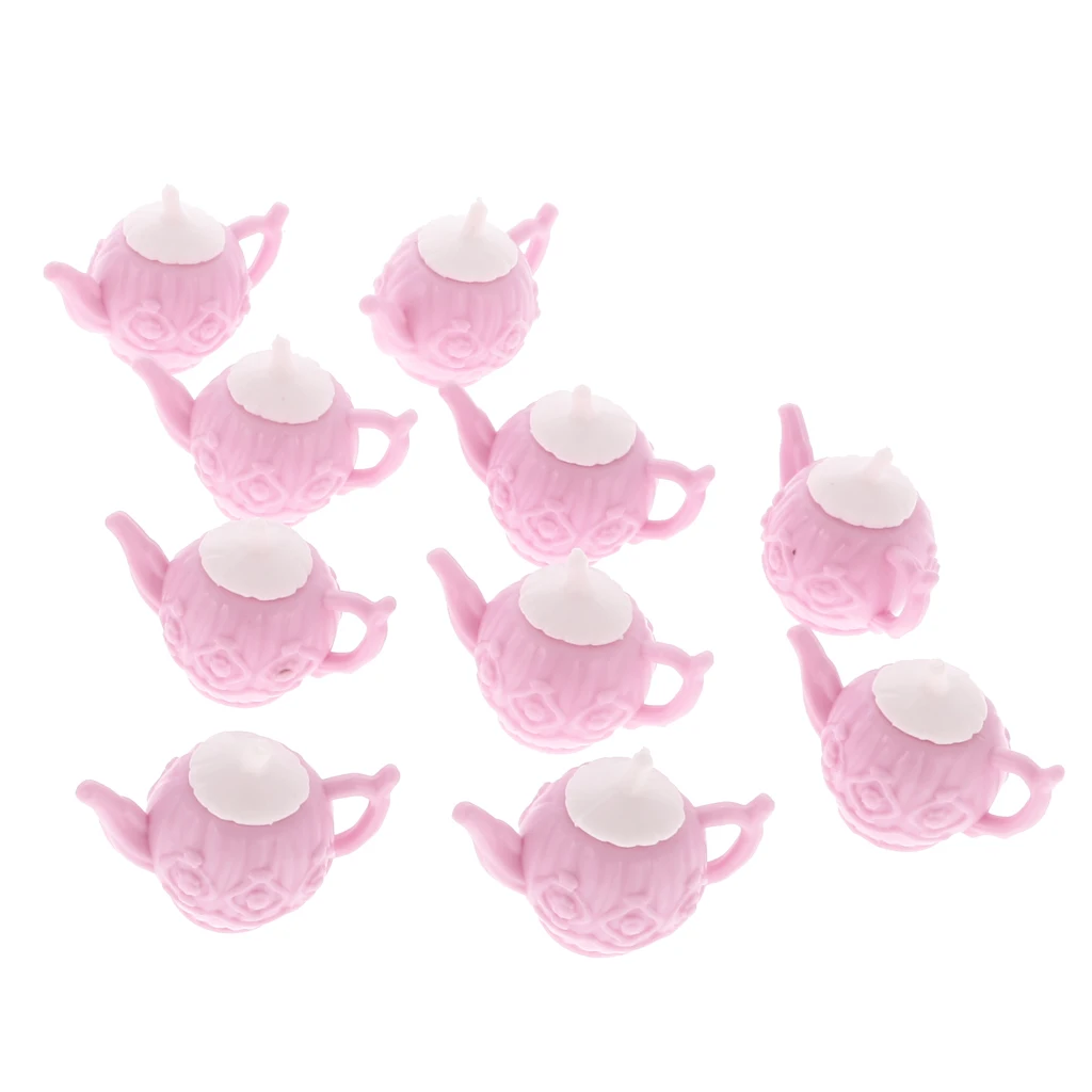 10 Sets Dollhouse Miniature Tableware Accs Plastic Pink Tea Pot with Cups