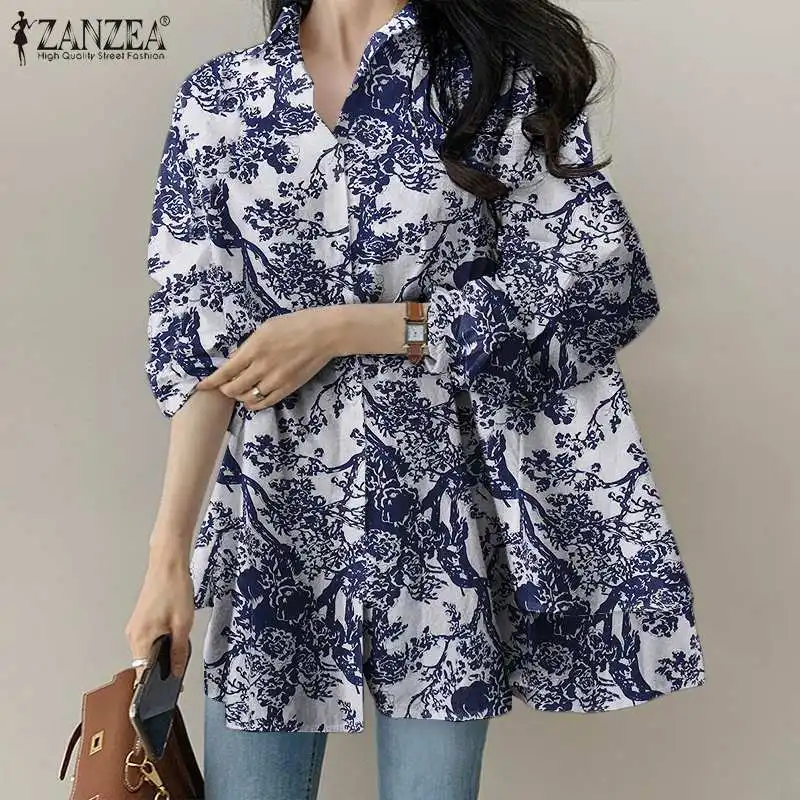 Autumn Office Work Bohemian Tops 2023 ZANZEA Floral Cotton Shirt Women Casual Long Sleeve Lapel Blouse Female Oversized Chemise