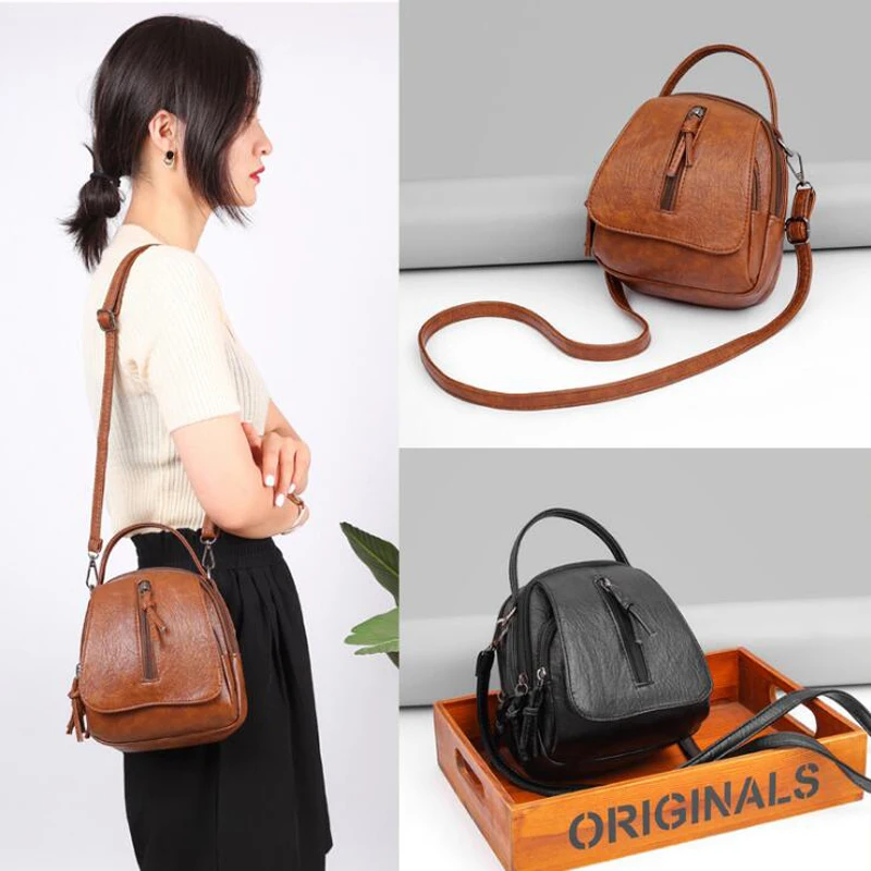 Vintage Soft Leather Shoulder Bags for Women Large Capacity Female Handbag Double Compartment Crossbody Bags Lady Small Tote